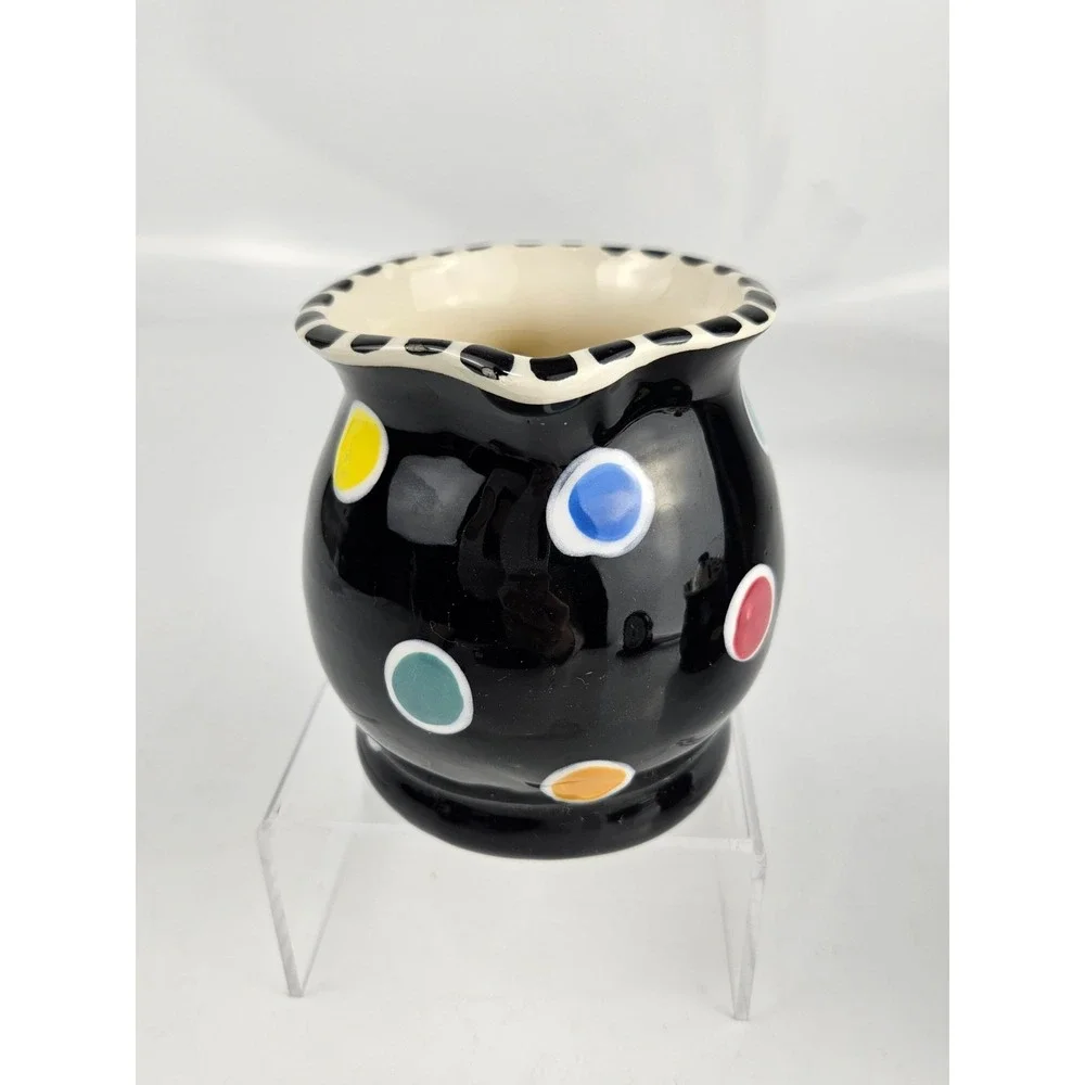 Lynn Morris Signed 3 Piece‎ Ceramic Creamer Sugar Set Polka Dot Black
